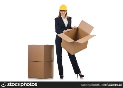 Woman builder with boxes isolated on white