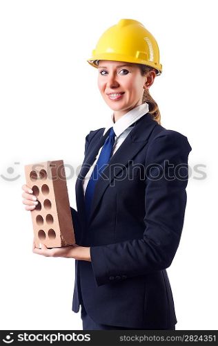 Woman builder with brick on white