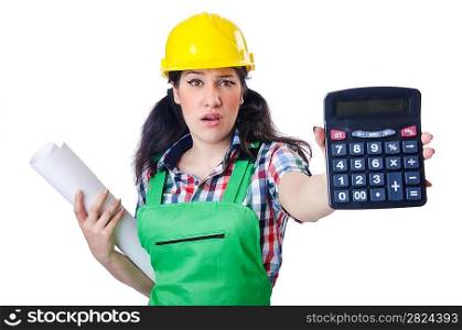 Woman builder with calculator on white