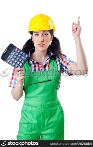 Woman builder with calculator on white