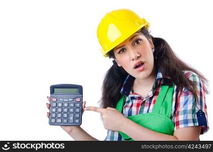 Woman builder with calculator on white
