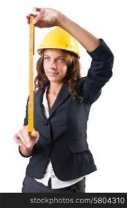 Woman builder with measuring tape