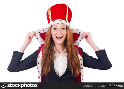 Woman business posing as queen isolated on white