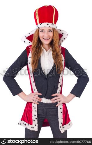 Woman business posing as queen isolated on white