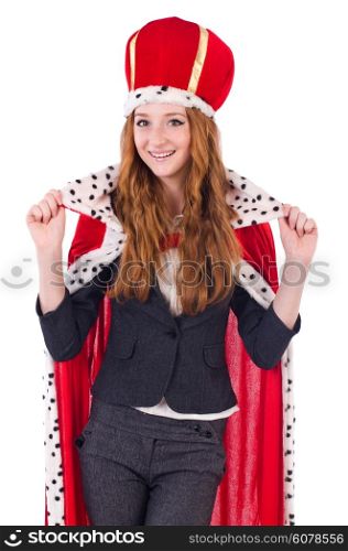 Woman business posing as queen isolated on white