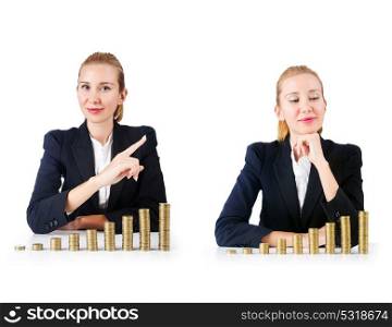 Woman businessman with coins on white