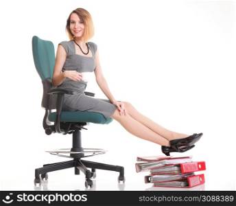 woman businesswoman holding plenty of documents isolated white red folder clock time Young relaxing legs up