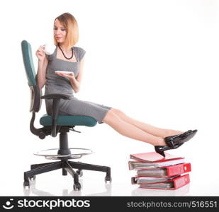 woman businesswoman holding plenty of documents isolated white red folder clock time Young relaxing legs up