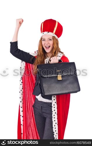 Woman businesswoman posing as queen isolated on white
