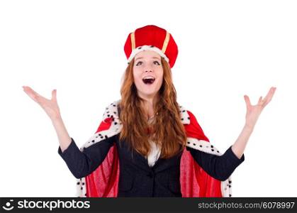 Woman businesswoman posing as queen isolated on white