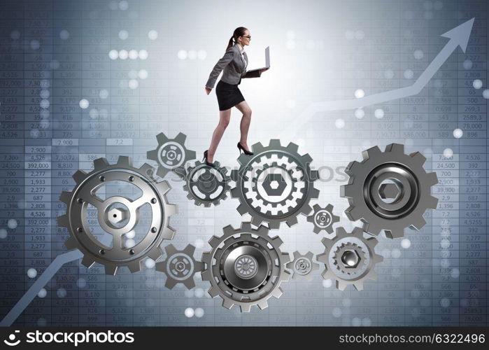 Woman businesswoman walking in cogwheels