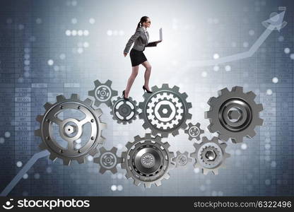 Woman businesswoman walking in cogwheels