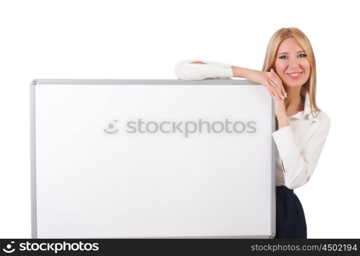 Woman businesswoman with blank board on white