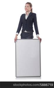 Woman businesswoman with blank board on white