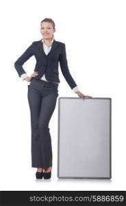 Woman businesswoman with blank board on white