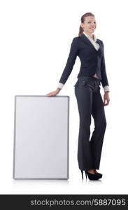 Woman businesswoman with blank board on white