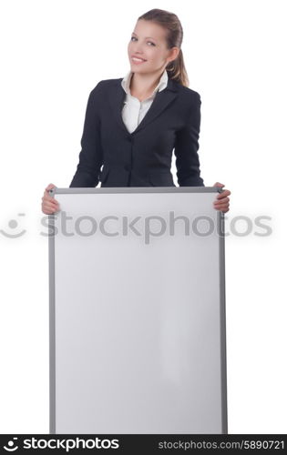 Woman businesswoman with blank board on white