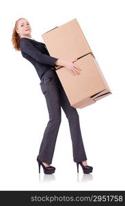 Woman businesswoman with boxes on white