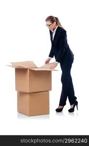 Woman businesswoman with boxes on white