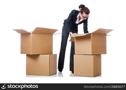 Woman businesswoman with boxes on white