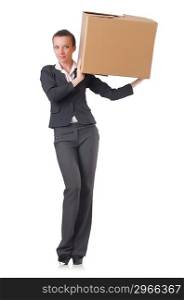 Woman businesswoman with boxes on white