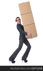 Woman businesswoman with boxes on white