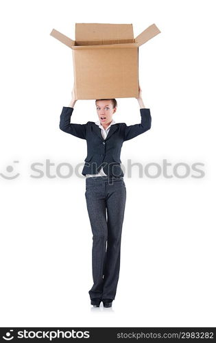 Woman businesswoman with boxes on white