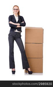 Woman businesswoman with boxes on white