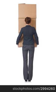 Woman businesswoman with boxes on white