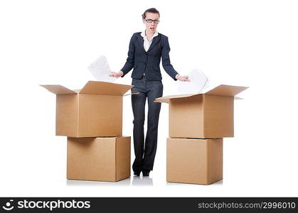 Woman businesswoman with boxes on white