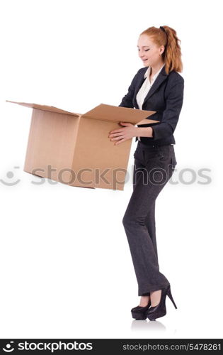 Woman businesswoman with boxes on white