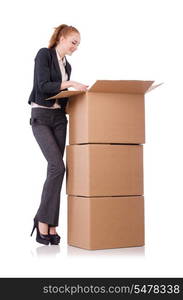 Woman businesswoman with boxes on white