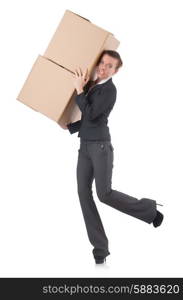 Woman businesswoman with boxes on white