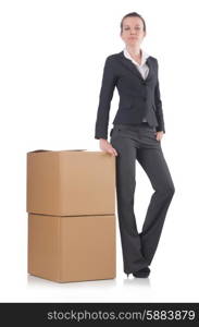 Woman businesswoman with boxes on white