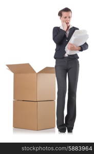 Woman businesswoman with boxes on white