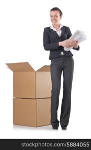 Woman businesswoman with boxes on white