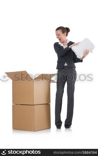 Woman businesswoman with boxes on white