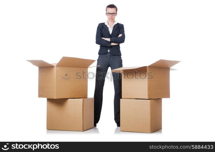 Woman businesswoman with boxes on white