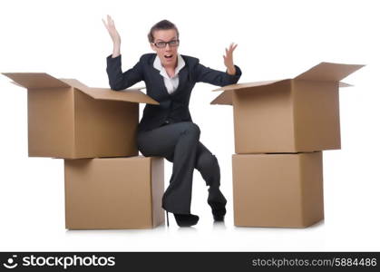 Woman businesswoman with boxes on white