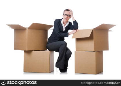 Woman businesswoman with boxes on white