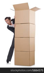 Woman businesswoman with boxes on white