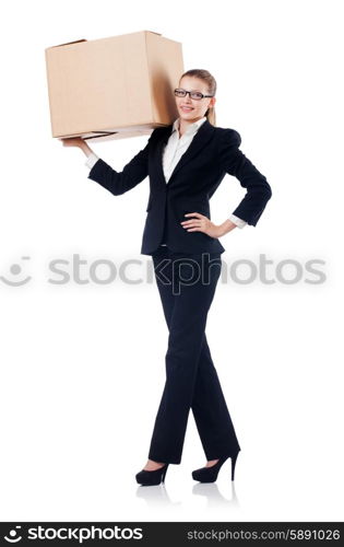 Woman businesswoman with boxes on white