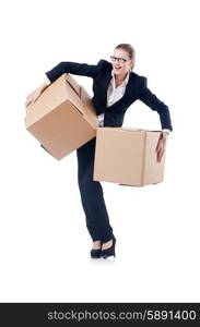 Woman businesswoman with boxes on white