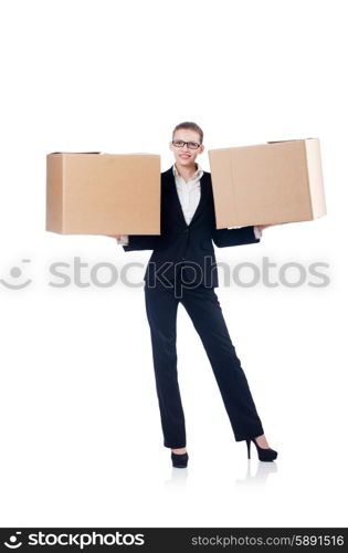 Woman businesswoman with boxes on white