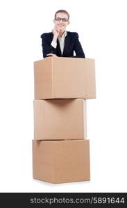 Woman businesswoman with boxes on white