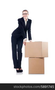 Woman businesswoman with boxes on white