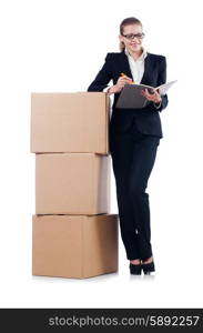 Woman businesswoman with boxes on white