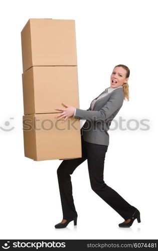 Woman businesswoman with boxes on white