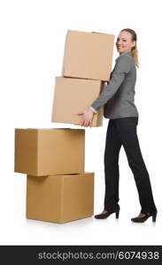 Woman businesswoman with boxes on white