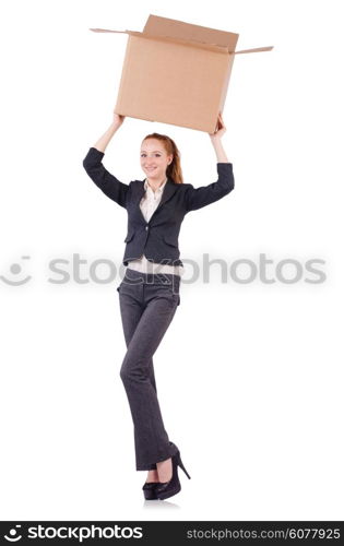 Woman businesswoman with boxes on white